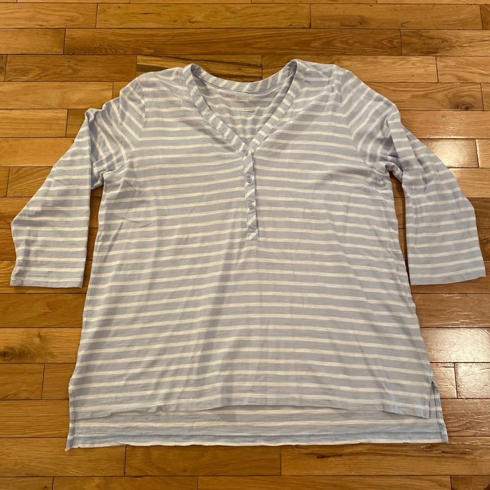 Lands End Womens Striped V Neck 3/4 Sleeve Henley Shirt Size Lg‎